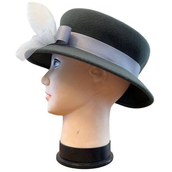 Ladies Gray Wool Bucket Hat Mesh Ribbon Bow Vintage One Size Fascinator Derby - Picture 2 of 7